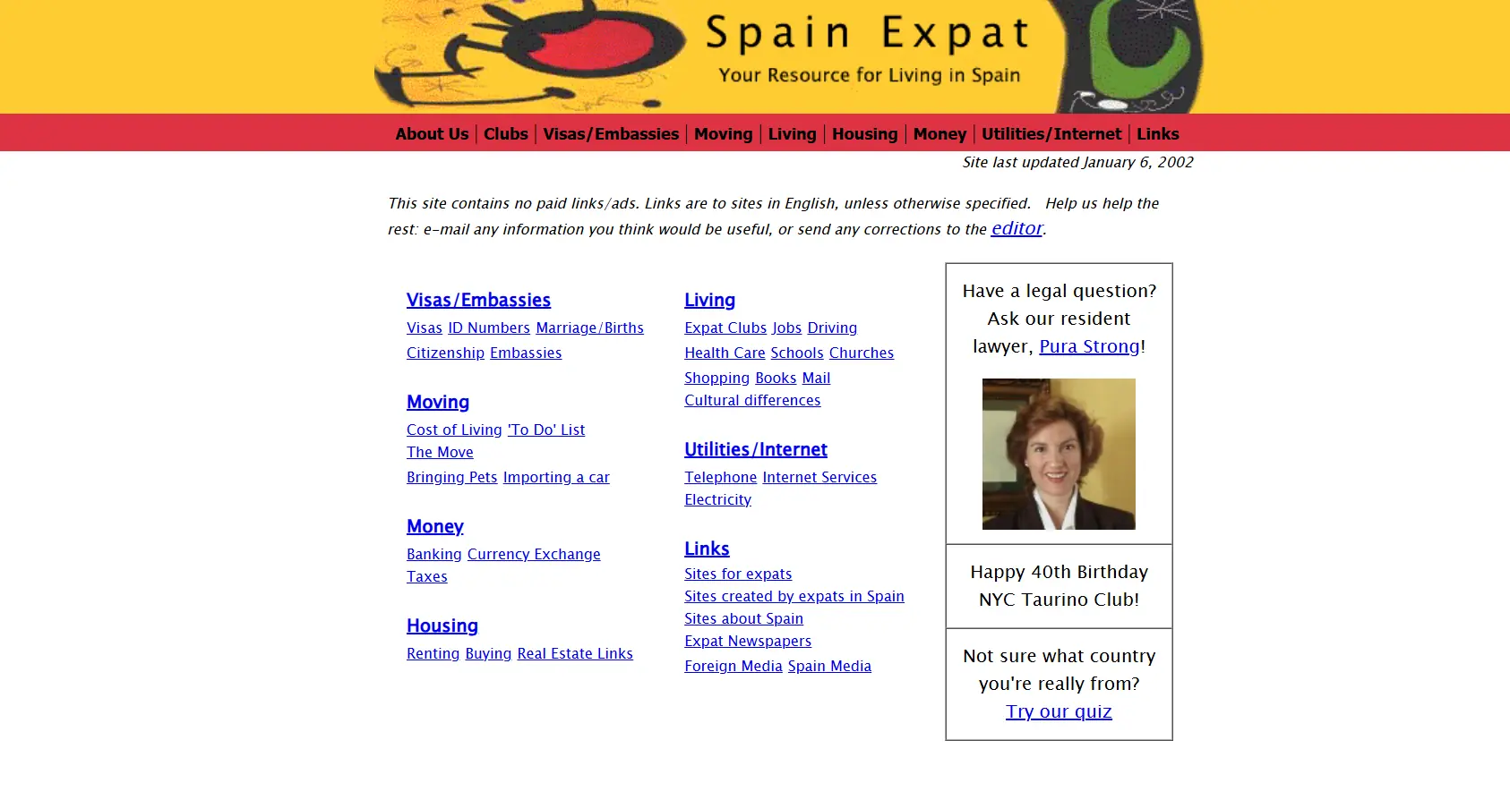 Spain Expat website screenshot from 2002