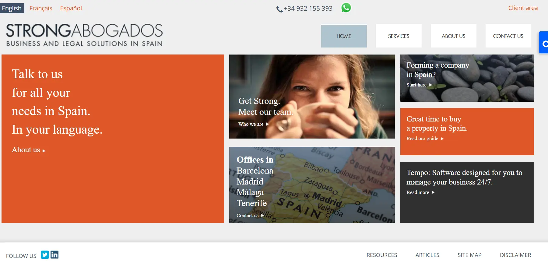 Strong Abogados website screenshot showing the firm's mature service positioning
