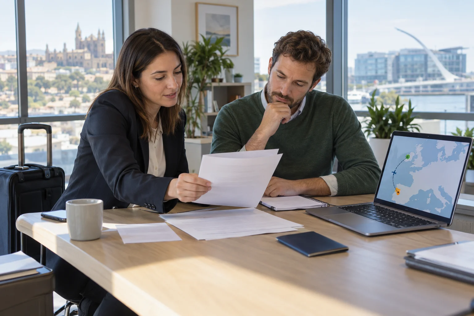 Employer and employee reviewing a temporary Spain-Ireland work assignment